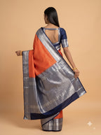 Red and Black Silver Zari Woven Semi Kanchivaram Silk Saree
