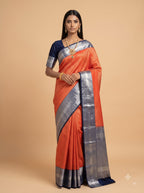 Red and Black Silver Zari Woven Semi Kanchivaram Silk Saree