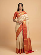 Cream and Deep Red Antique Gold Zari Woven Semi Kanchivaram Silk Saree