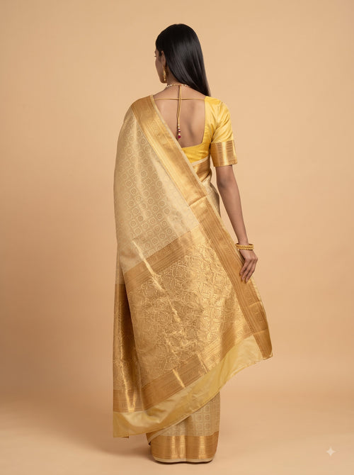 Beige and Antique Gold Zari Woven Semi Silk Saree