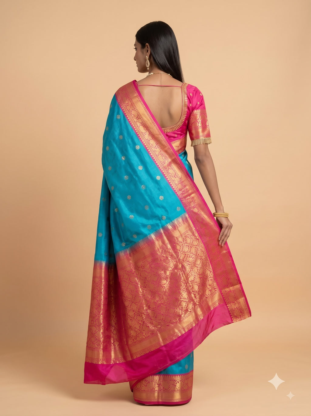 Turquoise Blue Soft Silk Saree with Rani Pink Zari Border