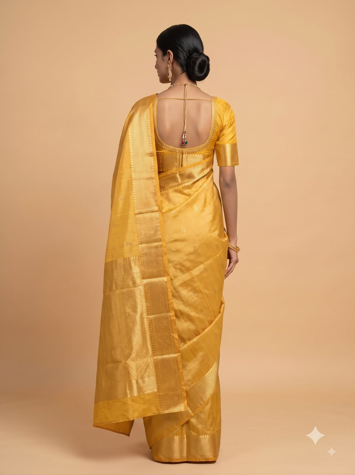 Mustard Gold Silk Saree with Zari Border and Butta Motifs
