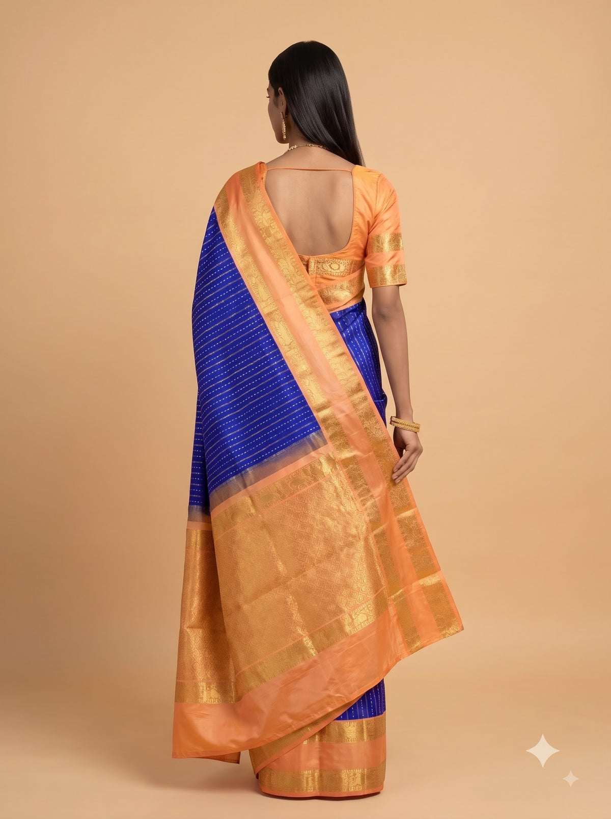 Peach Silk Saree with Royal Blue Zari Pallu