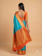 Turquoise Blue Silk Saree with Antique Gold Zari Border