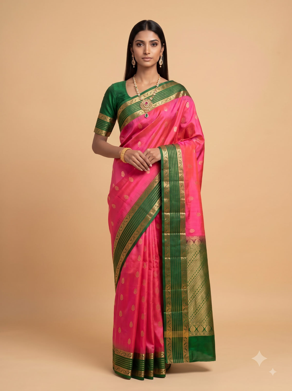 Rani Pink Silk Saree with Emerald Green Zari Border