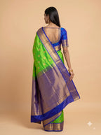 Lime Green Silk Saree with Royal Blue Zari Border
