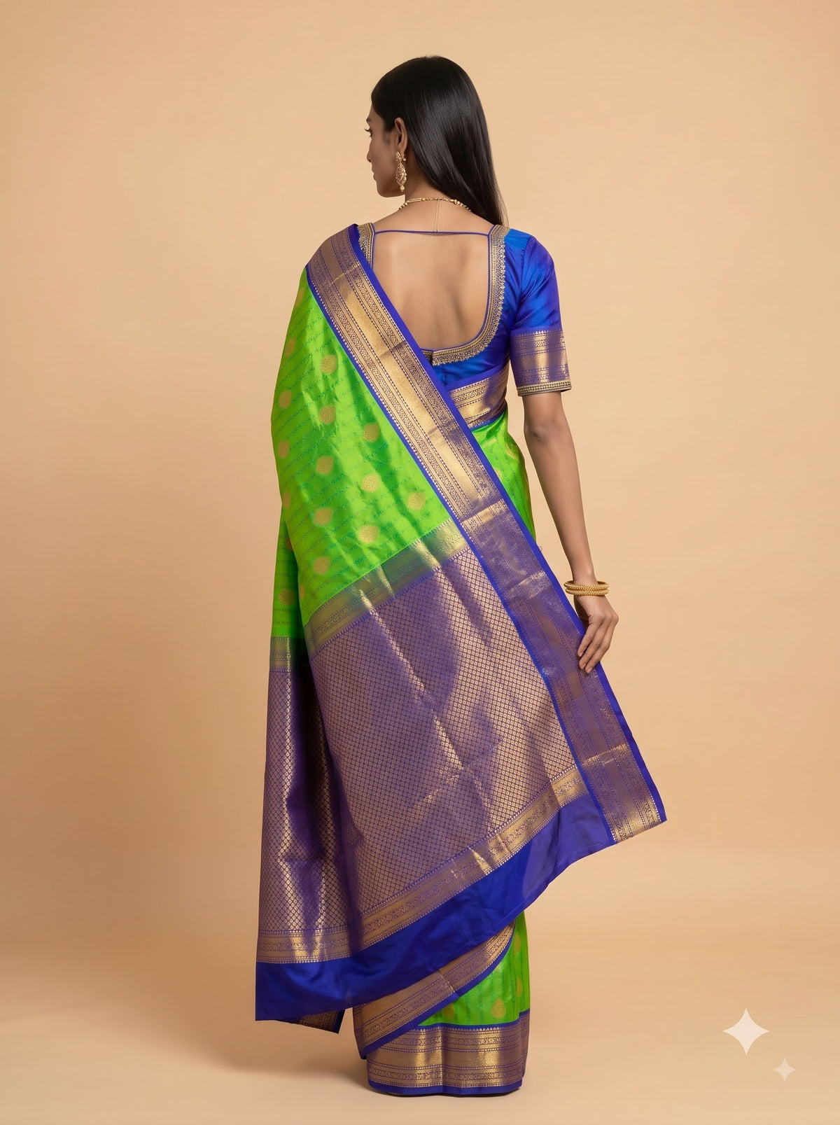 Lime Green Silk Saree with Royal Blue Zari Border