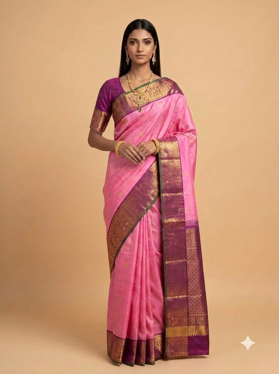 Rani Pink Silk Saree with Antique Gold Zari Pallu