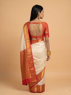 Cream and Deep Red Antique Gold Zari Woven Semi Kanchivaram Silk Saree