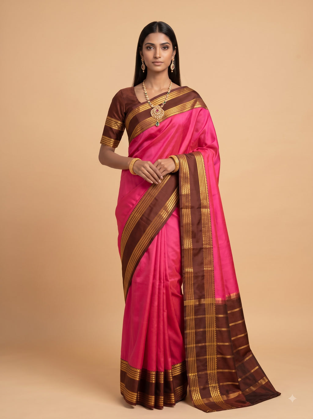 Pink Maroon Gold Zari Silk Saree