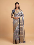 Dark blue, Antique Gold, Pink and Green Floral Zari Woven Semi Kanchivaram Silk Saree