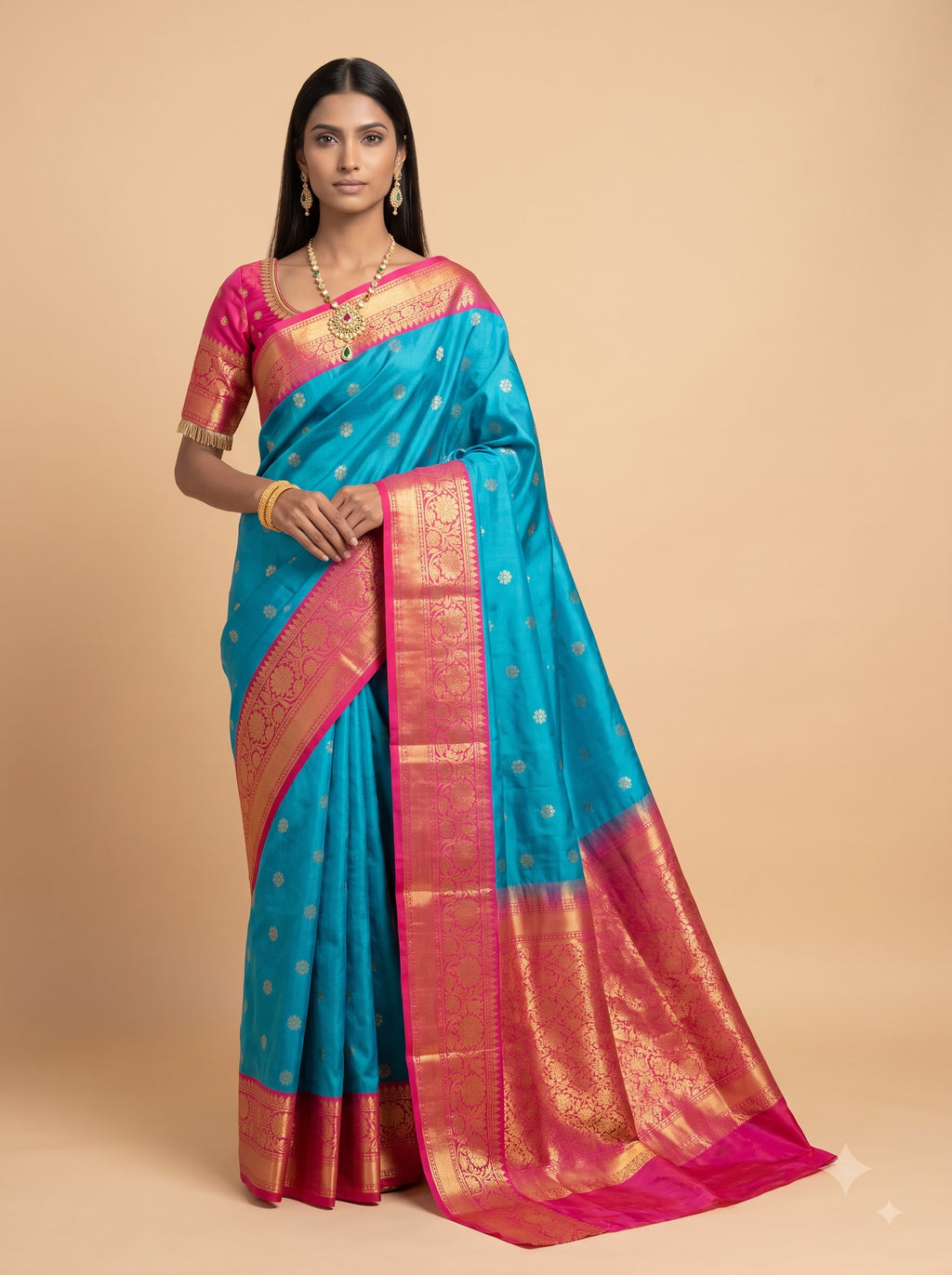 Turquoise Blue Soft Silk Saree with Rani Pink Zari Border