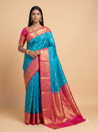 Turquoise Blue Soft Silk Saree with Rani Pink Zari Border