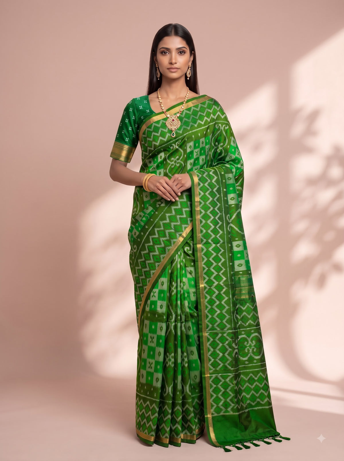 Green and Gold Zari Woven Geometric Chiniya Silk Saree