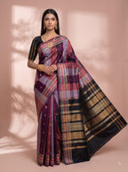Tri-Colour Black Chiniya Silk Gold Zari Checked Saree.