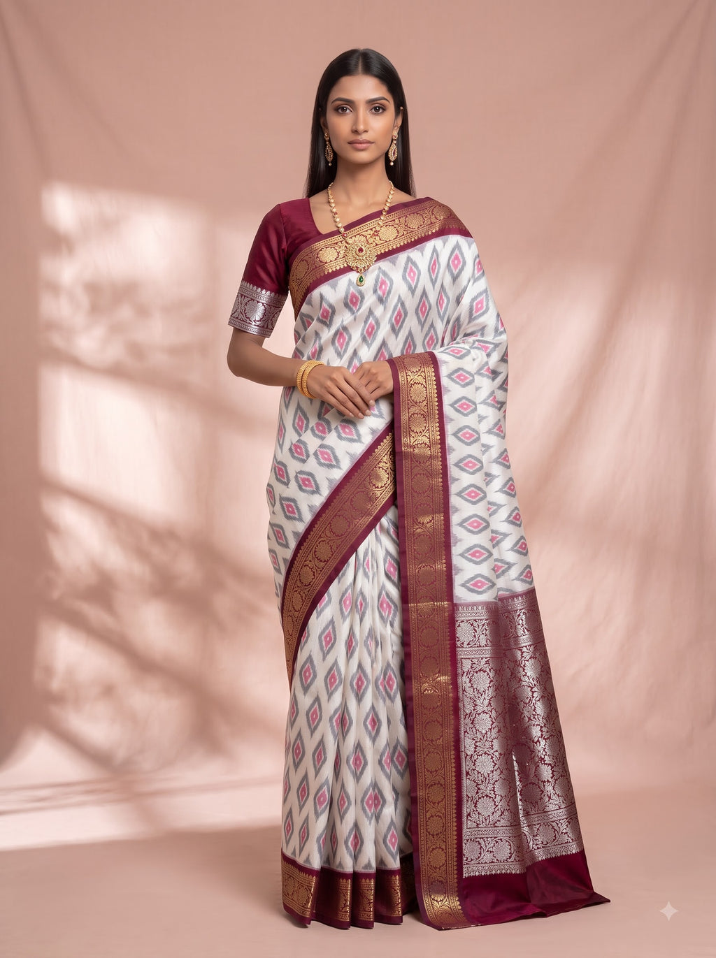 Grey White Maroon Chiniya Silk Silver Zari Geometric Saree