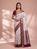 Grey White Maroon Chiniya Silk Silver Zari Geometric Saree