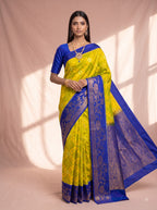 Yellow Royal Blue Chiniya Silk Gold Zari Floral Saree.