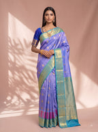 Purple Gold Tissue Brocade Saree with Green Contrast Section and Gold Zari Checks
