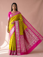 Yellow and Pink Silver Zari Woven Chiniya Silk Saree