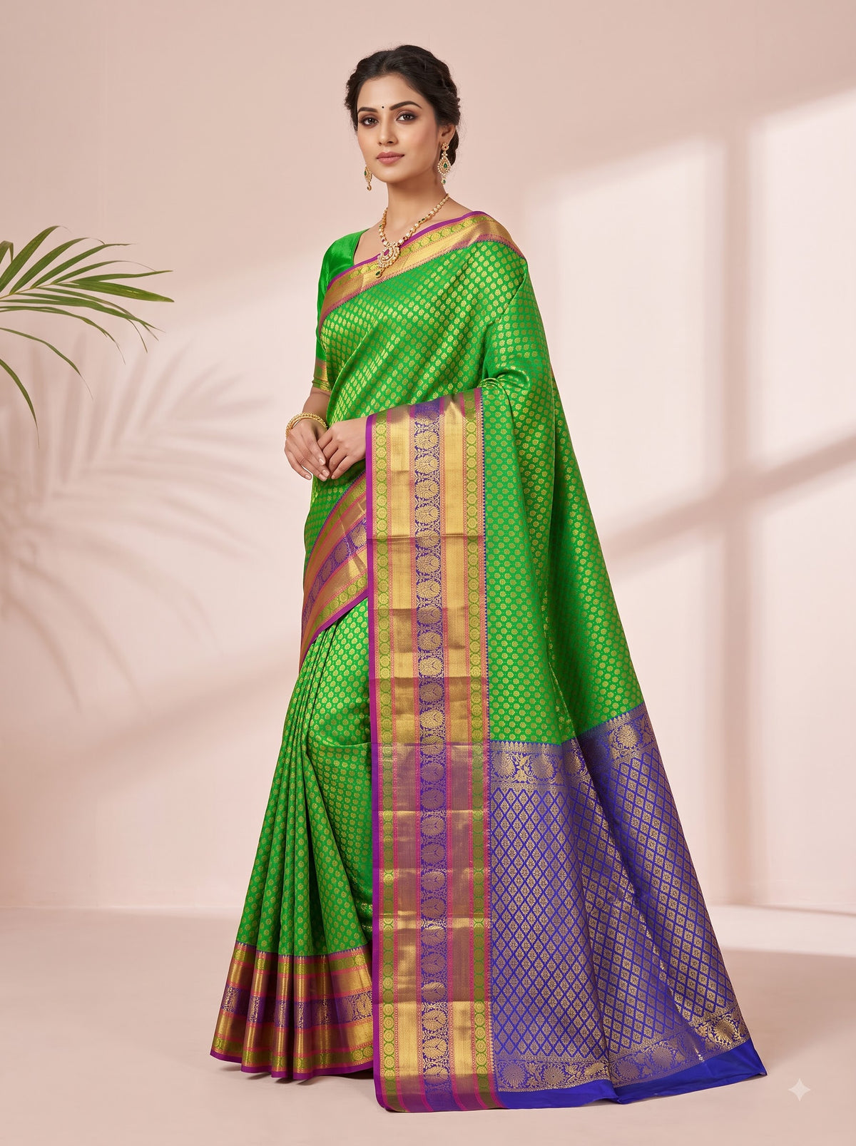 Green Tissue Brocade Saree with Royal Blue Antique Zari Border