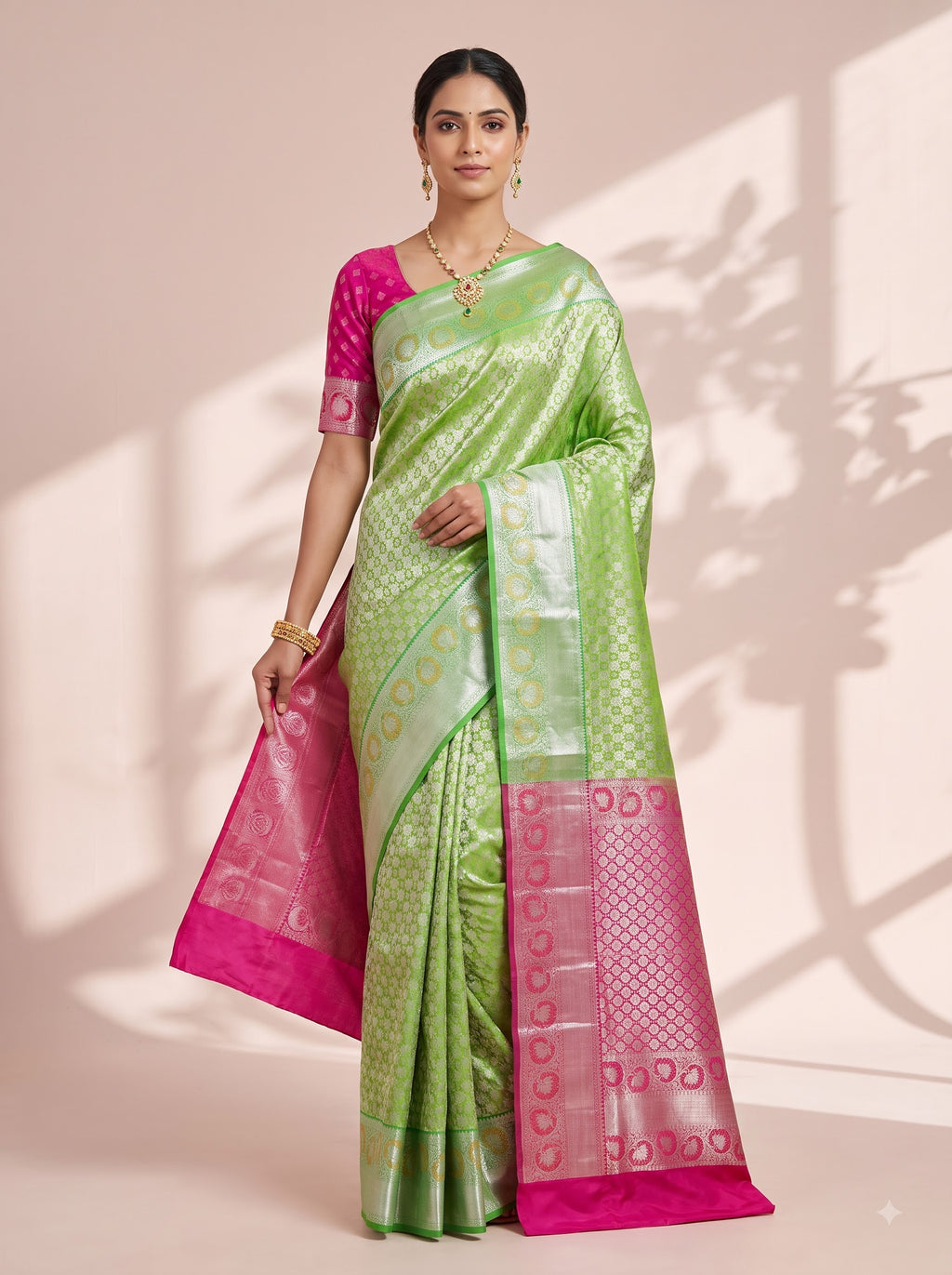 Olive Green Tissue Brocade Saree with Silver Zari Lotus Motifs