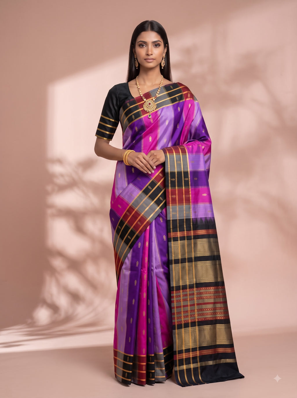 Purple and Magenta with Black and Red Gold Zari Woven Chiniya Silk Saree