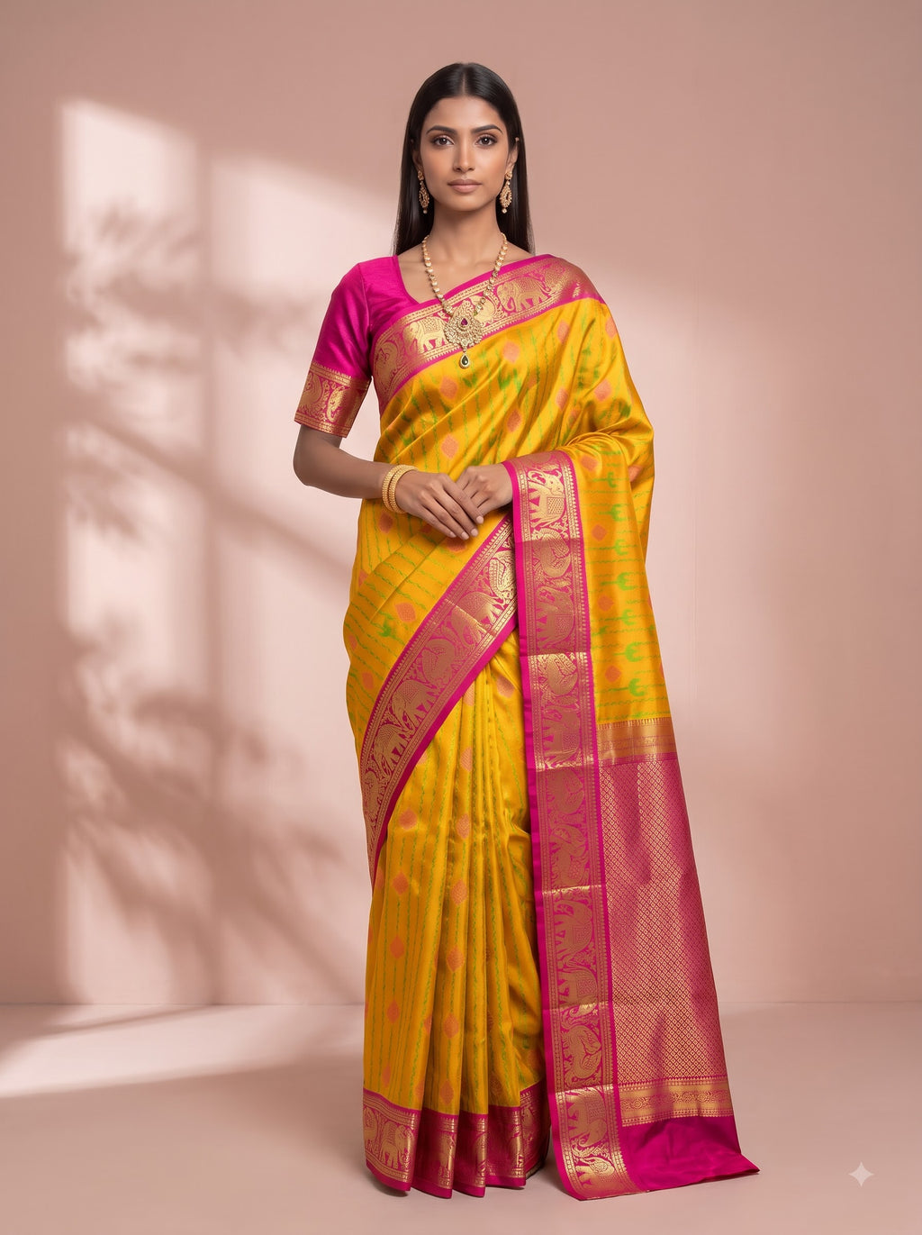 Yellow and Pink Gold Zari Woven Chiniya Silk Saree