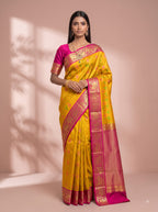 Yellow and Pink Gold Zari Woven Chiniya Silk Saree