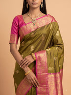 Dark Olive Kanjeevaram Silk Saree with Antique Gold Border