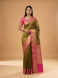 Dark Olive Kanjeevaram Silk Saree with Antique Gold Border