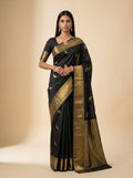 Jet Black Kanjeevaram Silk with Antique Gold Zari