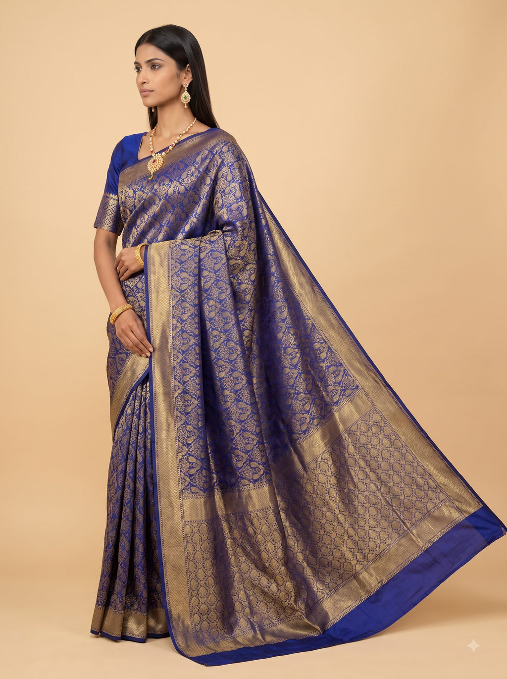 Navy Blue & Gold Tissue Saree with Floral Damask Zari Weave