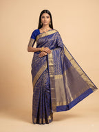 Navy Blue & Gold Tissue Saree with Floral Damask Zari Weave