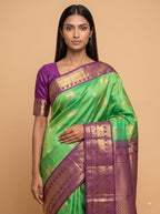 Parrot Green Kanjeevaram Silk Saree with Purple Zari Border & Elephant Motifs