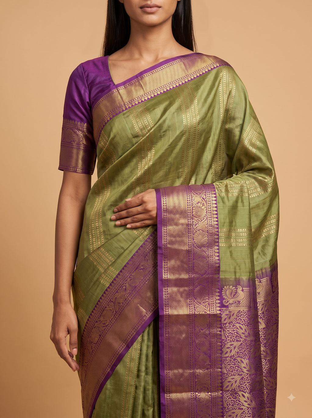 Pastel Green Kanjeevaram Silk Saree with Purple Pallu & Antique Gold Zari Border