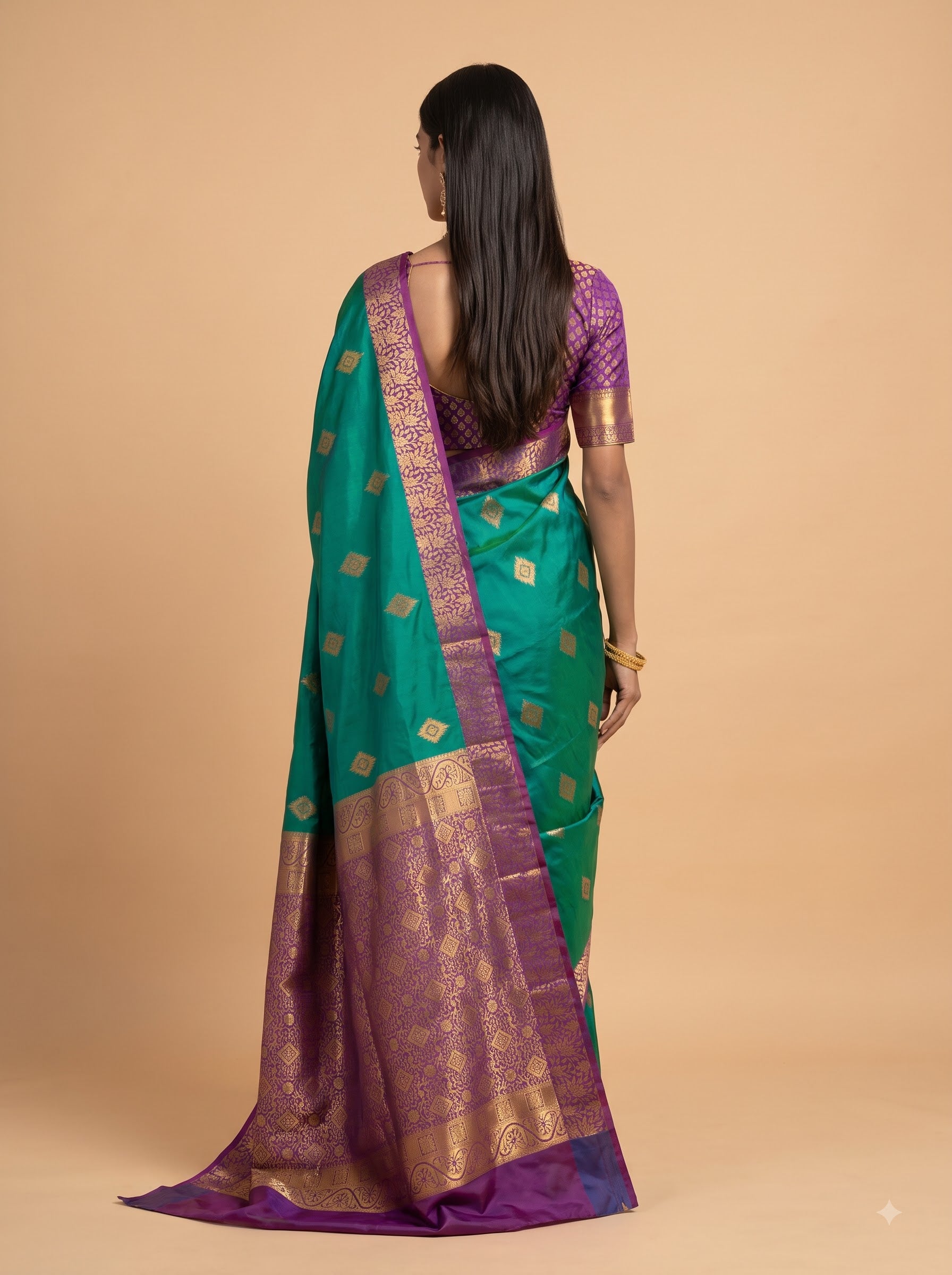 Green and Purple Gold Zari Woven Semi Silk Saree