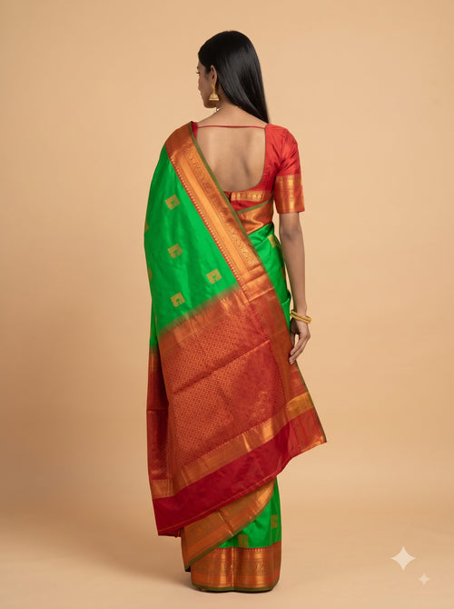 Bright Green and Copper Gold Zari Woven Semi Silk Saree