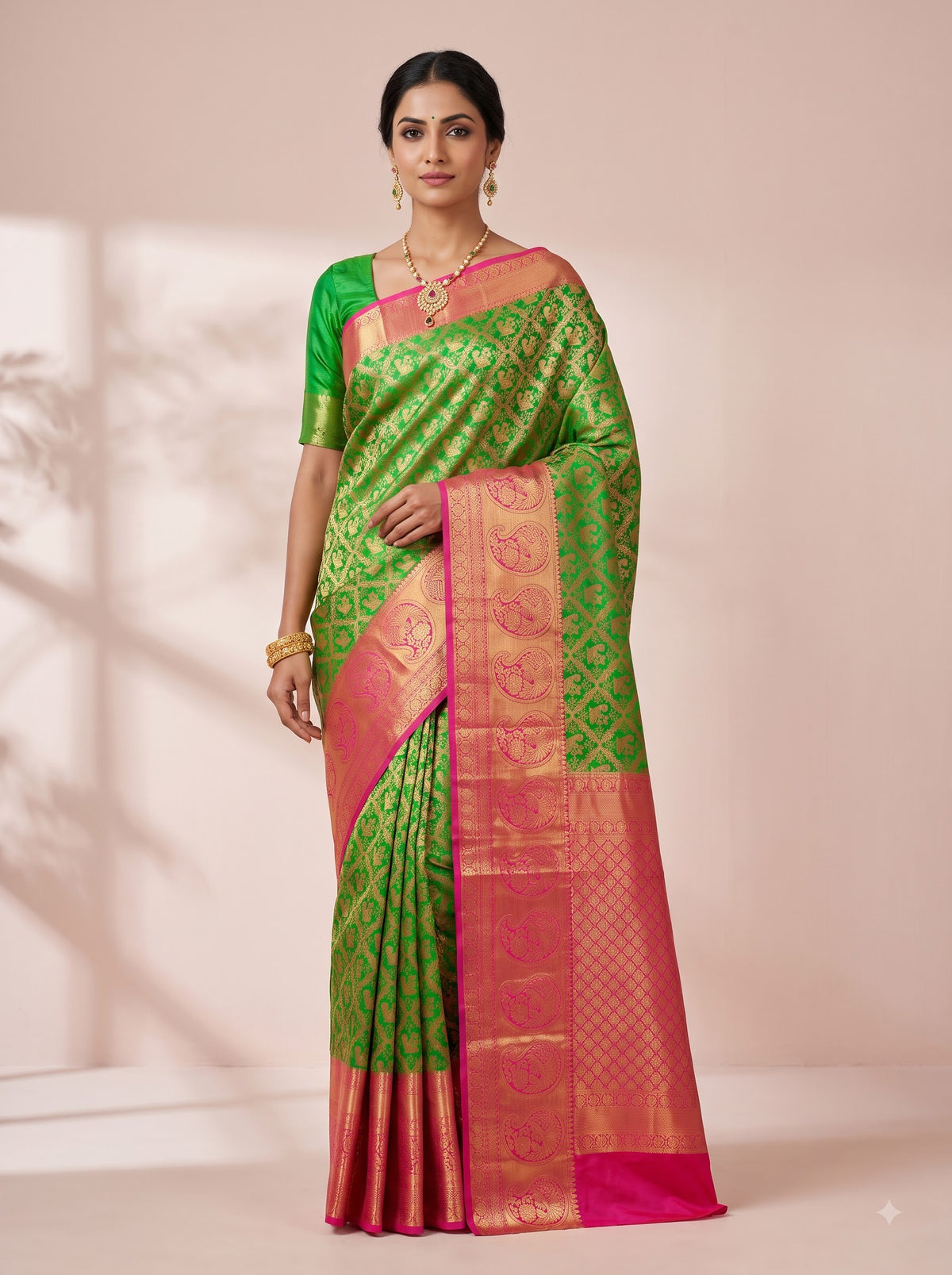 Green Tissue Brocade Saree with Magenta Antique Gold Zari