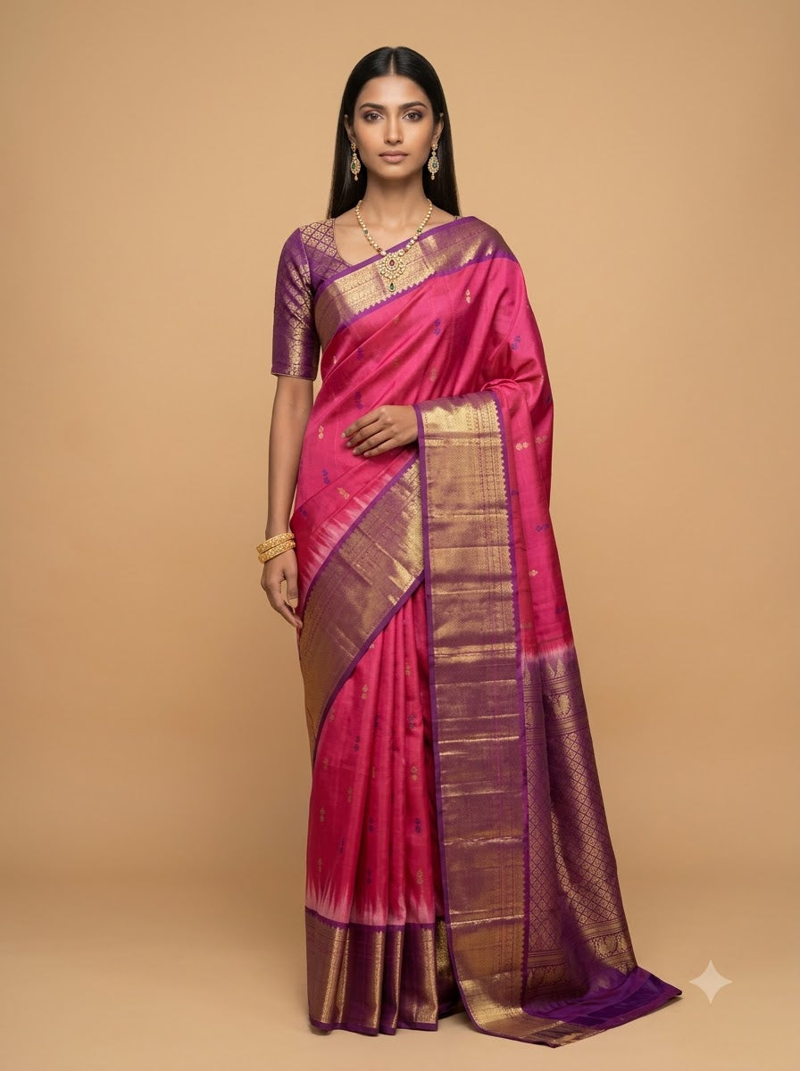 Rani Pink Purple Gold Zari Kanjivaram Silk Saree