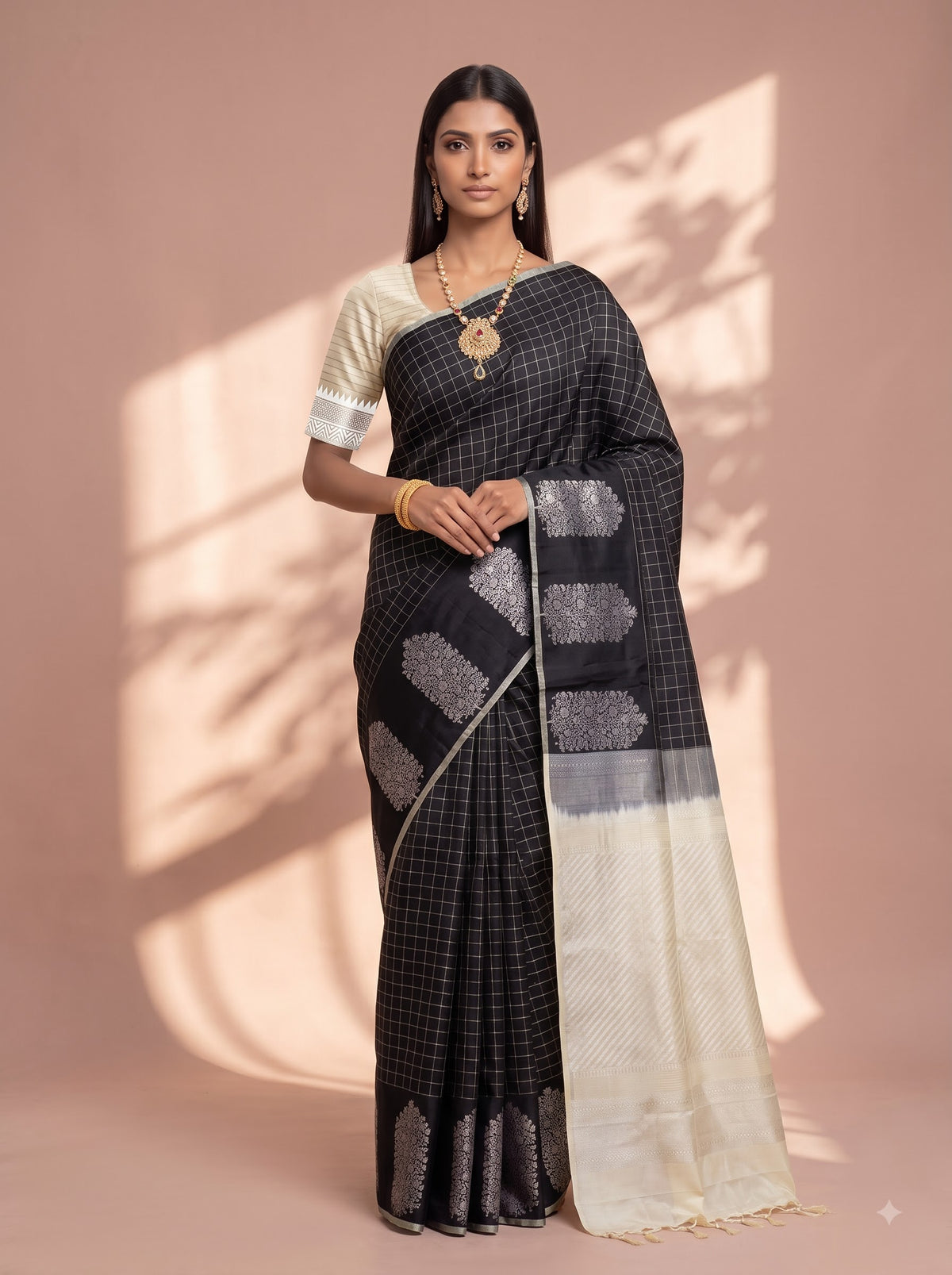 Black Cream Chiniya Silk Silver Zari Checked Saree.