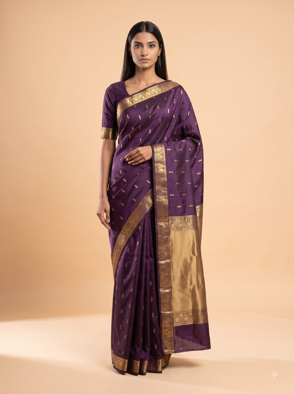 Plum Kanjeevaram Silk Saree with Antique gold Zari