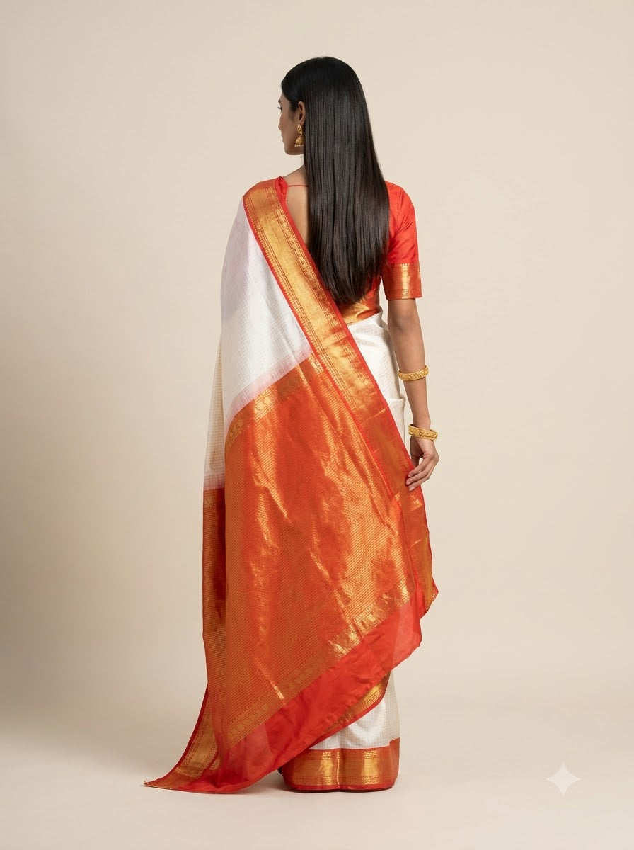 Peach Red Gold Zari Kanjivaram Silk Saree