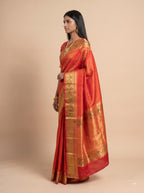 Bright Crimson Red and Antique Gold Zari Woven Silk Saree