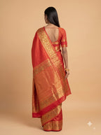 Bright Crimson Red and Antique Gold Zari Woven Silk Saree