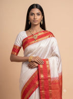 Peach Red Gold Zari Kanjivaram Silk Saree