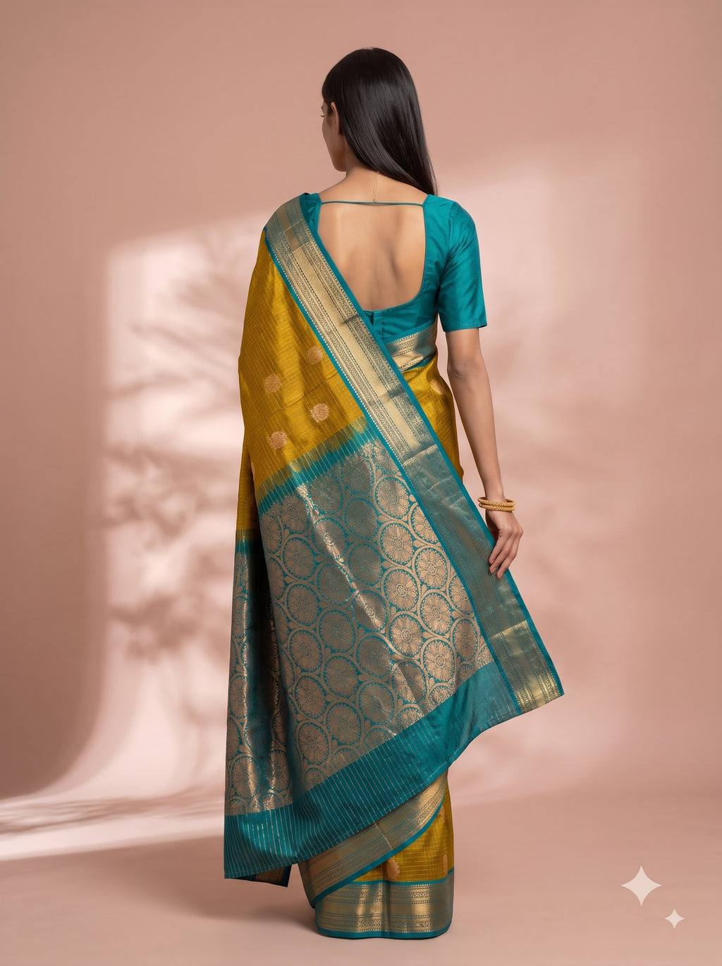 Olive Green Silk Saree with Teal Zari Border