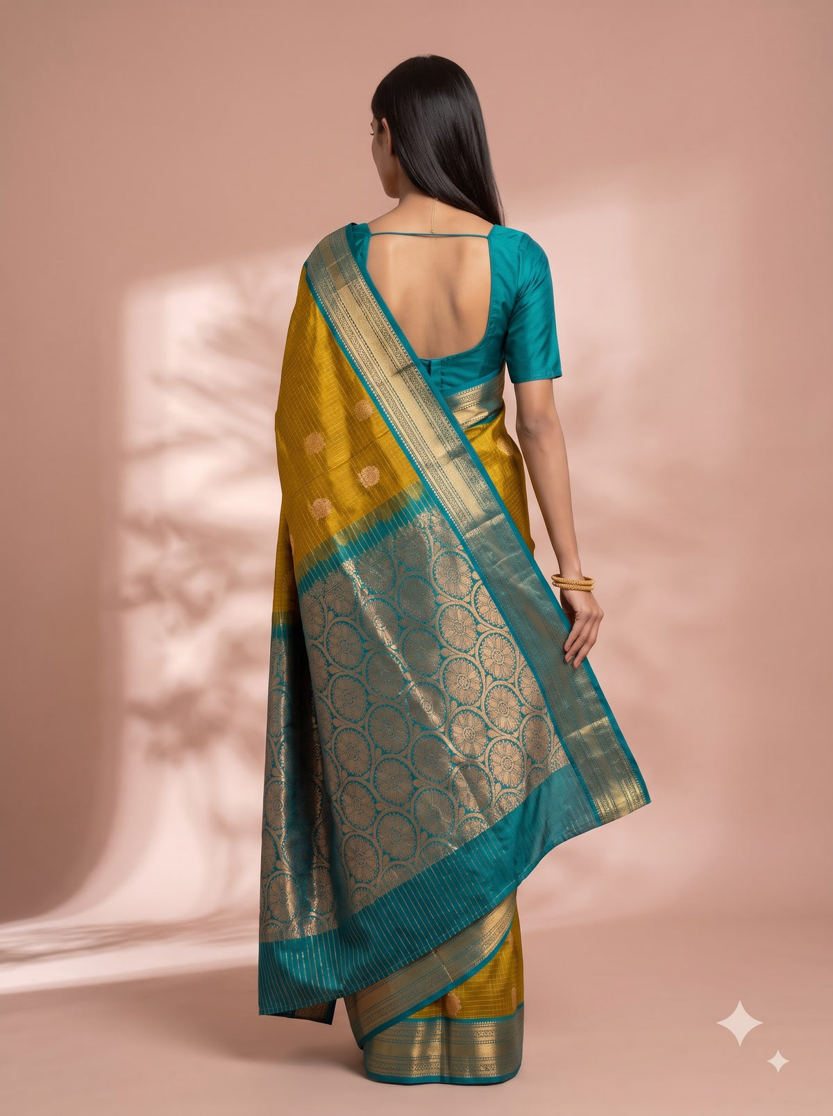 Olive Green Silk Saree with Teal Zari Border