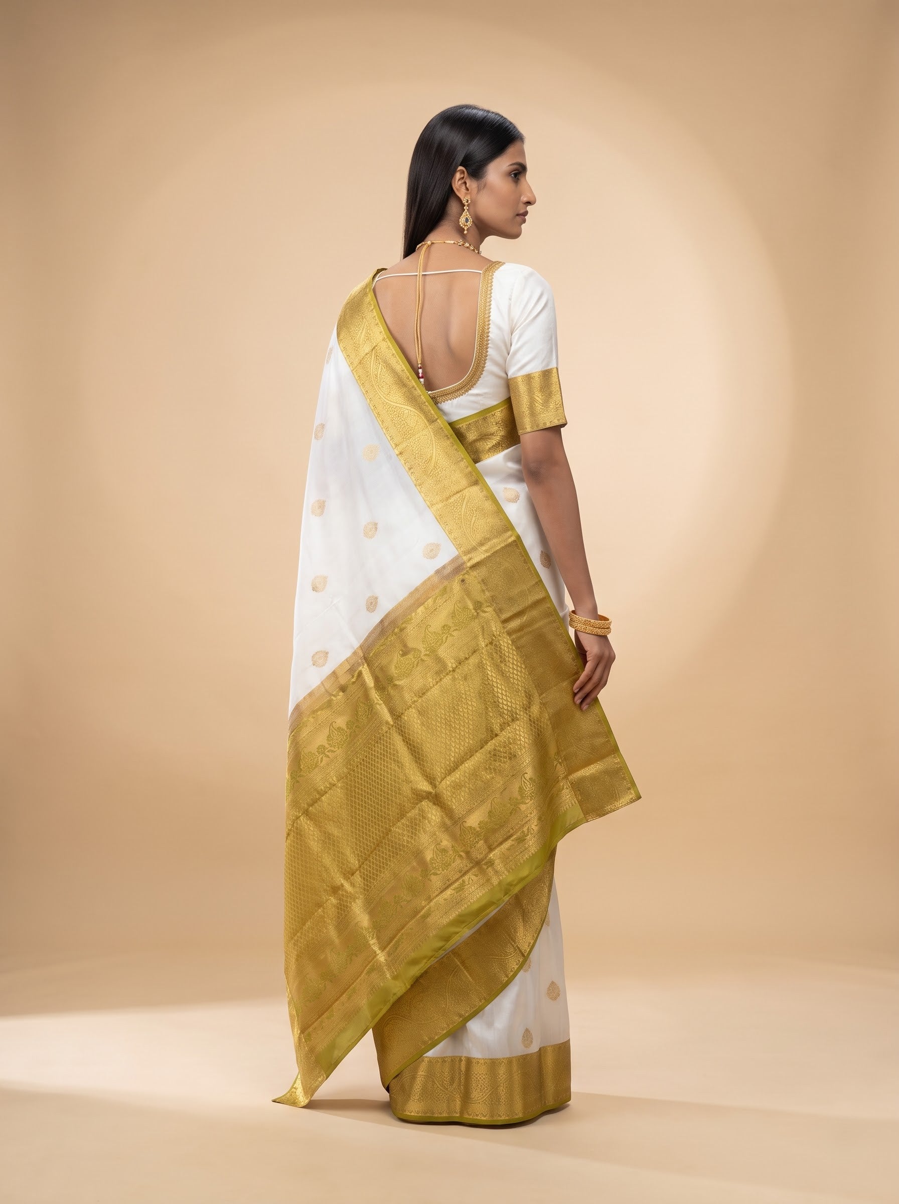 Ivory & Olive Green Jacquard Zari Saree with Antique Gold Pallu