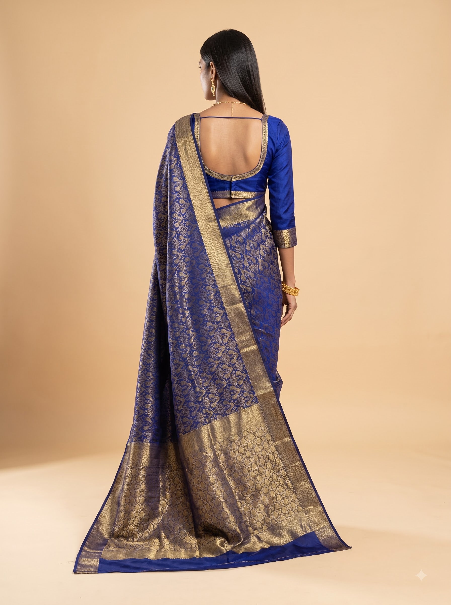Navy Blue & Gold Tissue Saree with Floral Damask Zari Weave